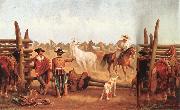 Vaqueros roping horses in a corral